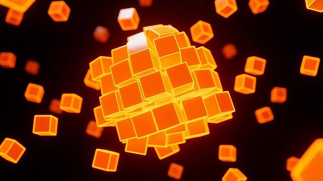 Glowing orange cubes floating in dark space