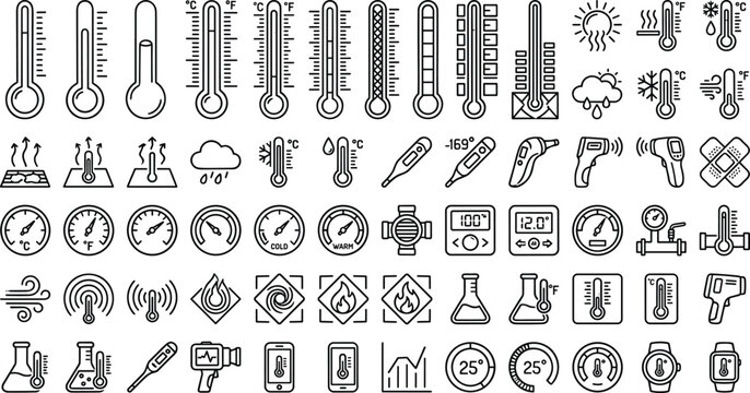 Comprehensive Temperature Measurement and Weather Monitoring Line Icon Set with Thermometers Digital Gauges Medical Pyrometers and Laboratory Science Flasks