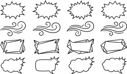 Comic Speech Bubble and Decorative Graphic Element Icon Set with Starburst Explosions Swirl Wind Effects and Geometric Crystal Frames © MSTSULTANA