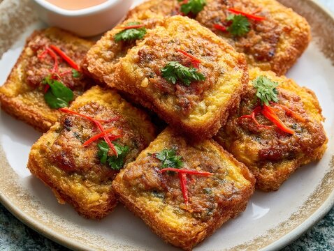 khanom pang na moo, authentic thai fried bread topped with minced pork