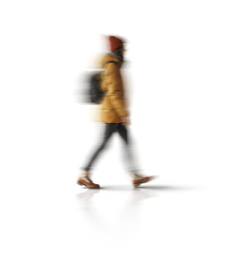 Motion blur walking woman silhouette with a backpack isolated on transparent background for mockup scene