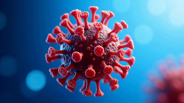 Red virus model with spikes on blue background