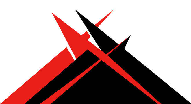 Abstract design with red and black geometric shapes on a stark white background