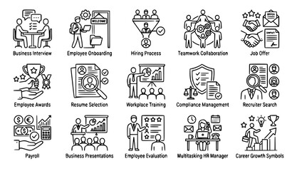 Obraz premium HR recruitment and employee management outline icon collection editable business vector set