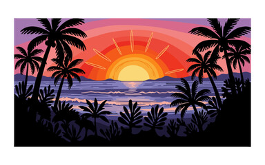 Fototapeta premium Tropical beach sunset landscape with palm tree silhouettes tropical landscape silhouette