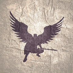 Naklejka premium Dark fantasy angel warrior silhouette. Gothic demon knight mythical fighter with wings. Heroic fantasy character.