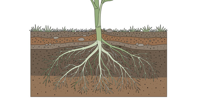 Illustration depicting the root structure of a tree penetrating the earth layers