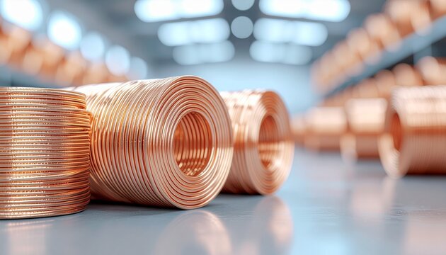 Copper Wire Rolls Stored in Industrial Warehouse.