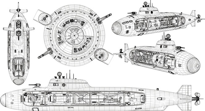 Detailed submarine wireframe blueprint vector showcasing futuristic naval engineering structure with technical mechanical drafting perspectives illustration