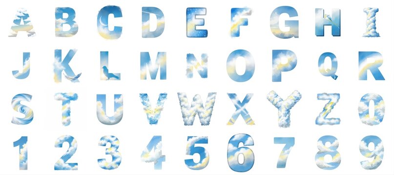 Dreamy Alphabet and Numbers with Sky and Cloud Textures
