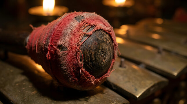 Vintage Baseball Wrapped in Red Tape on Metal Surface