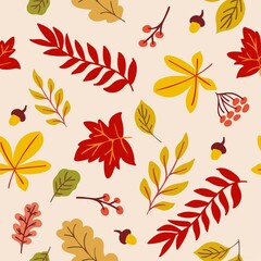 Autumn Fall Leaves Seamless Pattern with Acorns and Berries © Orewa 