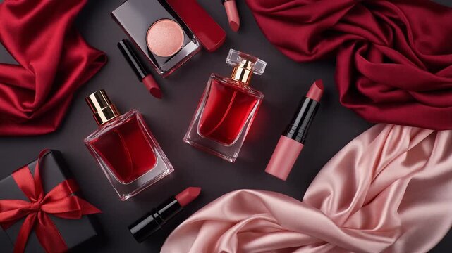 Luxury Perfume and Makeup Flat Lay with Silk.