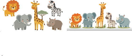 Cute Cartoon Safari African Animal Character Set with Lion Elephant Giraffe Zebra Rhino for Kids Nursery Sticker and Clipart Designs © sohel