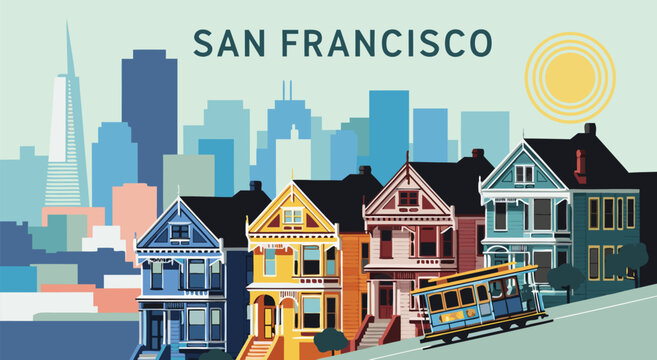 San Francisco vector illustration of cable car and iconic colorful houses with cityscape background