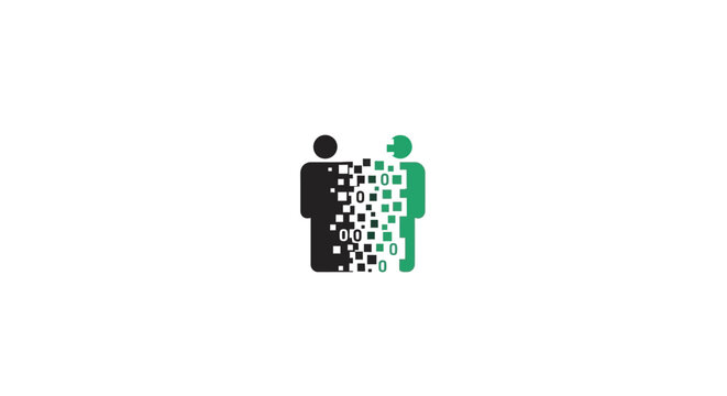 A digital icon showing two human figures merging with binary data code