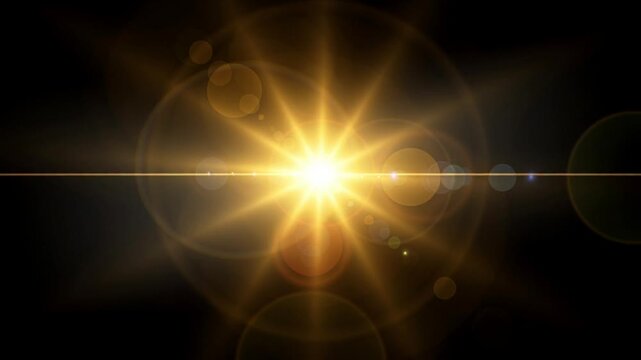 Dynamic Golden Starburst Light Effect with Vibrant Lens Flare on a Dark Background, Creating an Energetic and Luminous Abstract Illustration for Design Elements