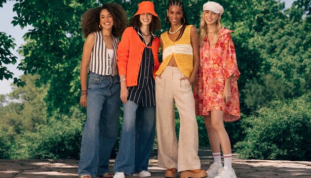 Diverse group of young women in stylish summer outfits posing outdoors in a park.