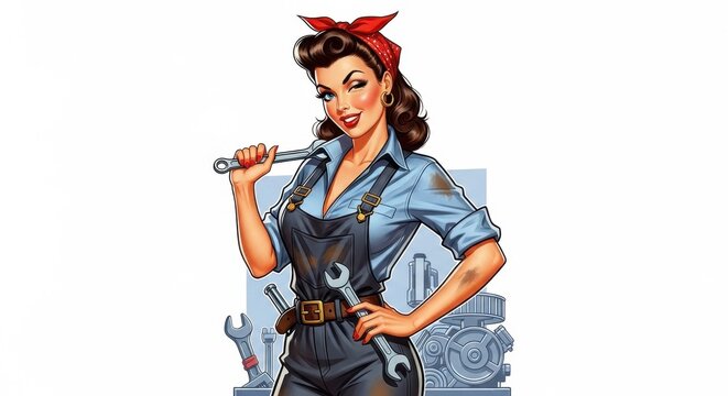 Vintage Pin-up Mechanic Woman Holding Wrenches Posing Confidently.
