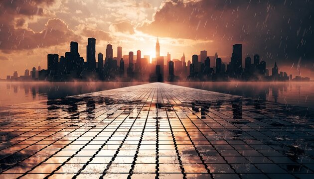 Futuristic Cityscape at Sunset with Reflecting Pavement and Rain
