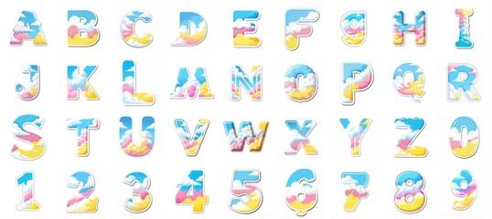 Obraz premium Colorful cloud alphabet and numbers for kids learning