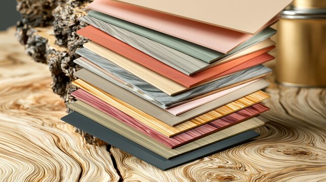 Colorful wood flooring and laminate samples stacked on wooden background