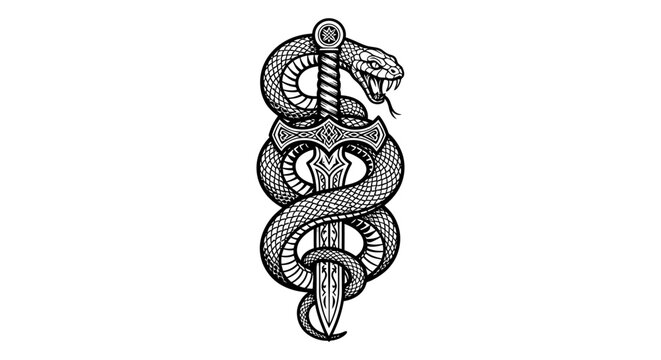 Coiled snake entwined around a pointed dagger.