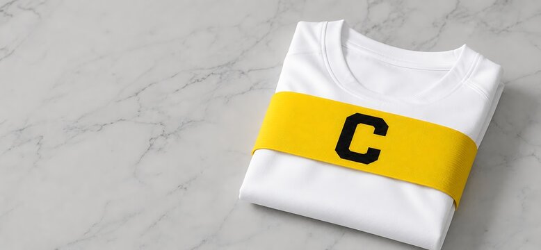Folded White T-Shirt with Yellow Band and Black Letter