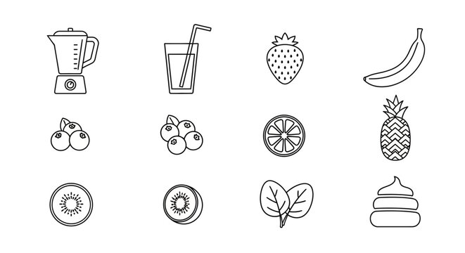Minimalist outline illustration of fruits and a blender for a healthy smoothie recipe