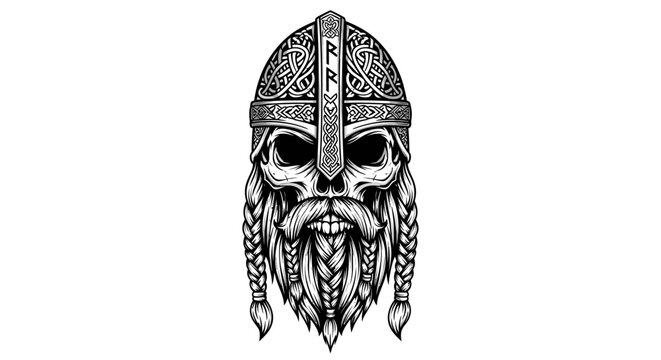 Bearded viking warrior skull wearing ornate engraved metal helmet.