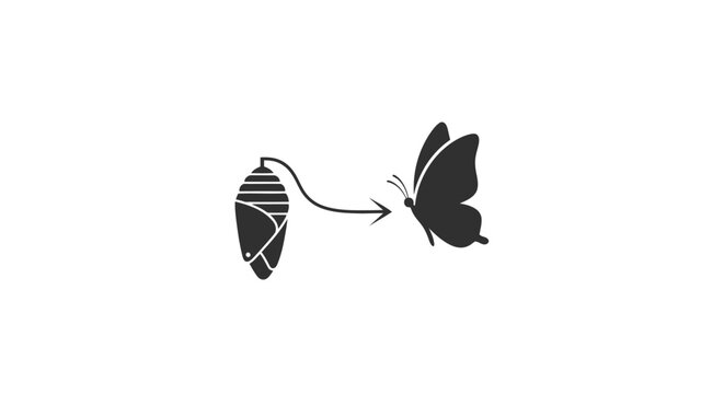 Illustration depicting the metamorphosis of a butterfly from pupa to winged insect symbol