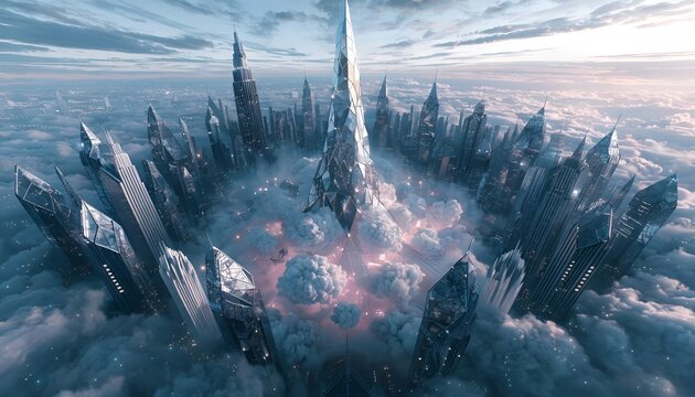 Futuristic Cityscape Above Clouds: Sci-Fi Metropolis, Advanced Architecture, Sky-High Towers
