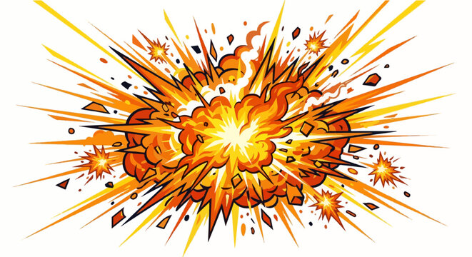 A powerful and vibrant comic book style explosion featuring bright orange and yellow fire clouds, sharp energy rays, and scattered debris against a clean white background.