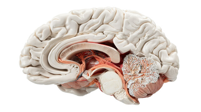Detailed human brain anatomy model showing nervous system structure neurological science medical education and healthcare research on white background