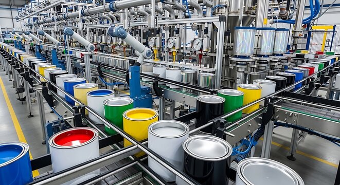 Automated production line with colorful paint cans moving on conveyor belts in a manufacturing factory