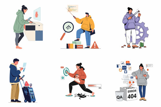 Set of flat illustrations depicting software quality assurance, bug fixing, and application testing by specialized developers and QA engineers in a modern workspace.
