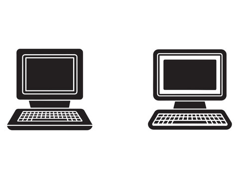 Computer monitor and keyboard sets on white background  two desktop computers with blank screens  simple technology icons