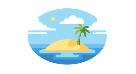 Fototapeta premium Tropical Island Paradise with Palm Tree, Sun and Clouds - Flat Vector Illustration