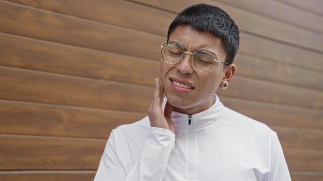 Man hand on cheek wincing for toothache beside building wall, wearing white zippered top and glasses; toothache pain recovery.