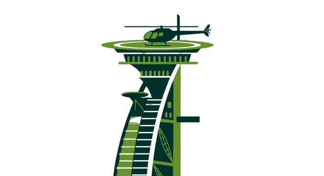 Futuristic observation tower with helicopter landing on top.