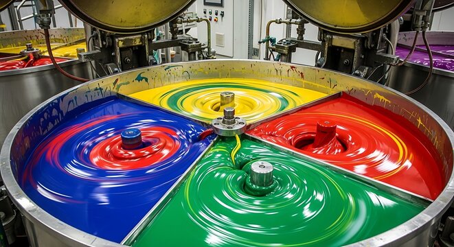 Vibrant industrial mixer blending primary colors for paint and dye production