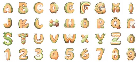 Fototapeta premium Cute Cartoon Melon Alphabet and Numbers for Learning