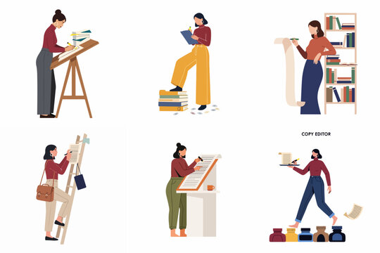 Set of flat illustrations of a professional female copy editor performing various editorial tasks like writing, proofreading, and reviewing manuscripts.