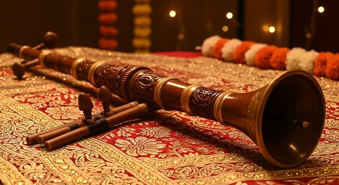 Ornate Wooden Clarinet on Decorative Red Carpet with Warm Lighting
