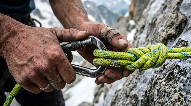 Hands securing climbing rope on mountain