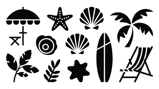 Summer vacation silhouette collection featuring beach umbrella starfish palm tree and shell.