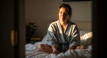 Fototapeta premium Relaxed Young Woman Sitting on Bed in Soft Robe at Home