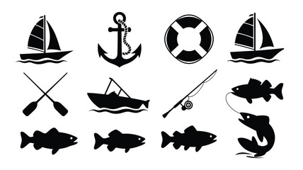 Detailed black silhouette icons depicting maritime vessels fish hooks anchors and boating. © Somiran
