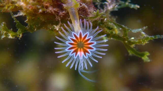 Underwater Macro Shot of a Colorful Stalked Jellyfish in its Natural Habitat.