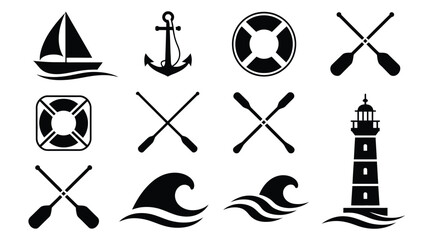 Collection of marine vector icons including sailboat anchor life buoy oars and lighthouse. © Somiran